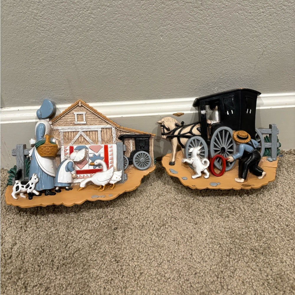 Vintage Set Of 2 Burwood # 3340-1 & 3340-2 Amish Themed Wall Hanging Plaques
